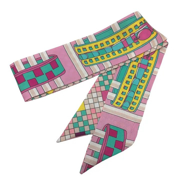 Unique Printed Skinny Twilly Scarf Pink Green - Picture 1 of 2